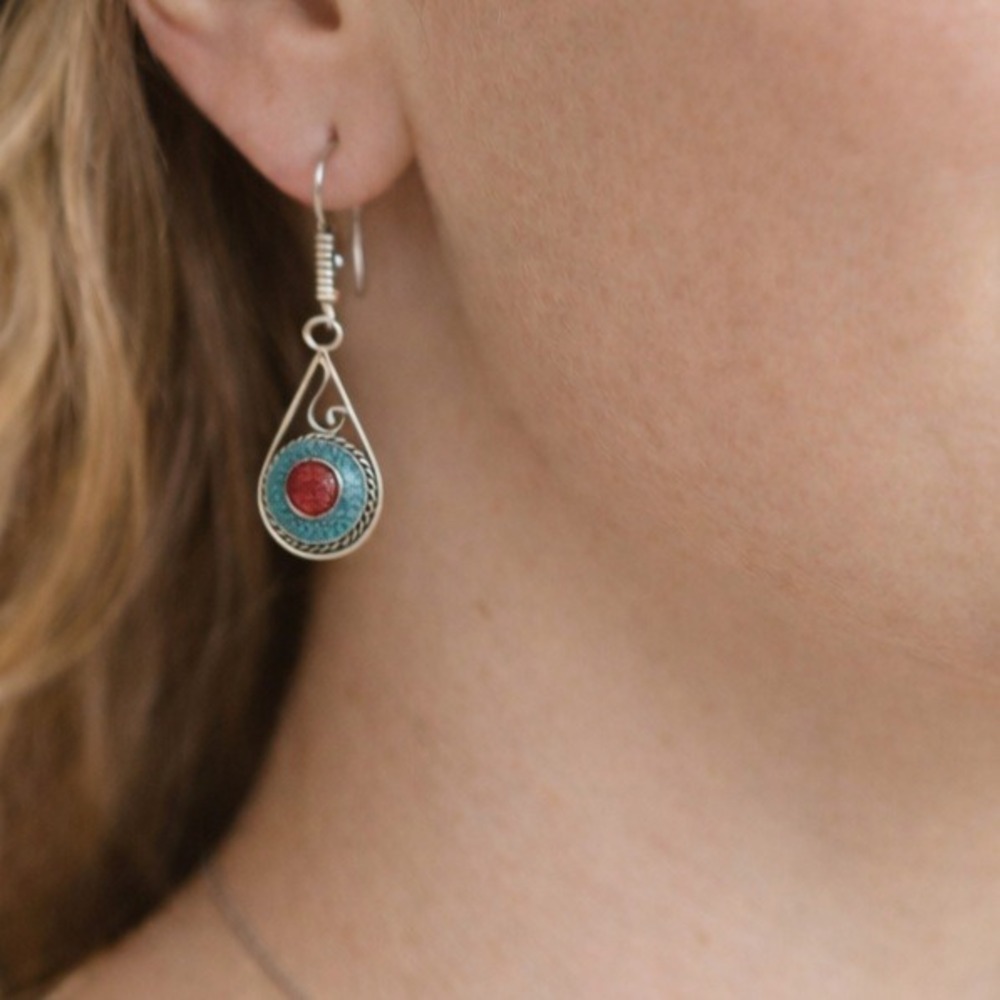 NEW Tibetan Handmade Dangle Earrings Turquoise‎ & red coral, Gemstones #0663